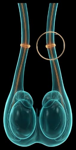 Ilustração 3D do ducto deferente reconectado, sem vão entre as pontas e com um anel de sutura no ponto da anastomose, representando a reversão de vasectomia